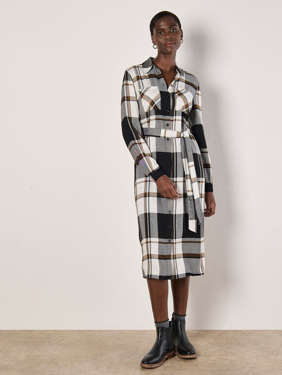 Large Check Shirt Midi Dress, White, large