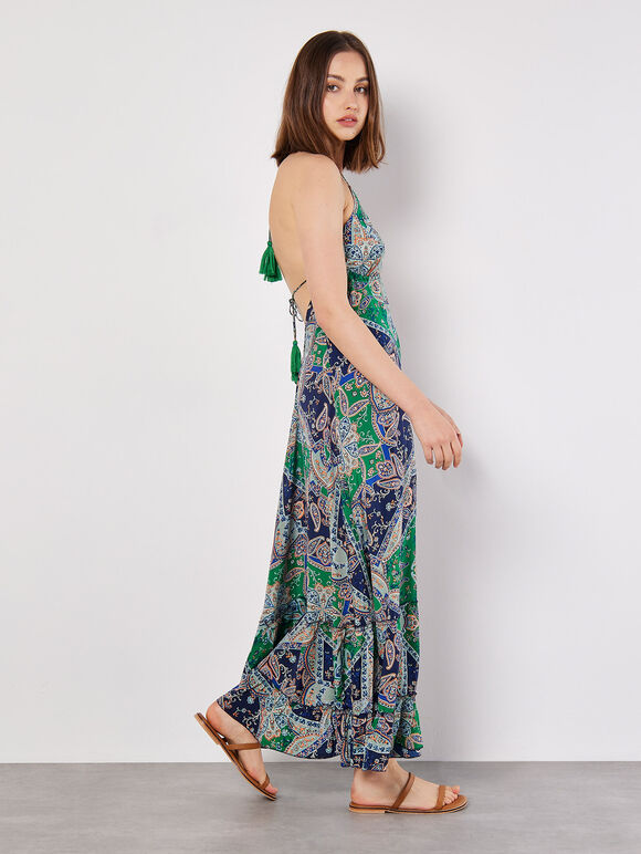 Satin Scarf Print Maxi Dress, Navy, large