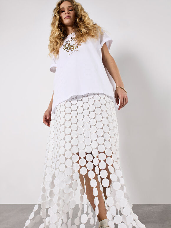 Guipure Circle Lace Fringe Maxi Skirt, Cream, large