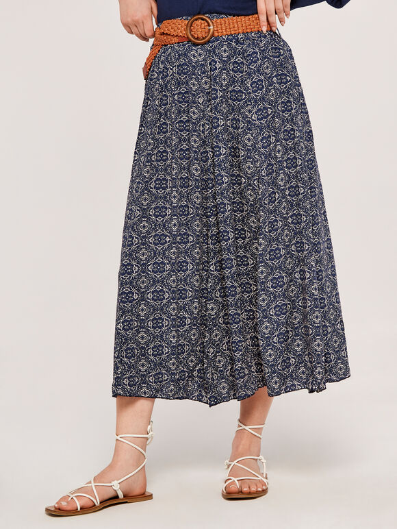 Belted Mosaic Midi Skirt, Navy, large