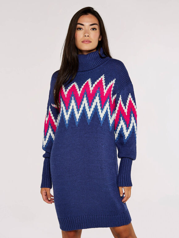 Chevron Jumper Mini Dress, Blue, large