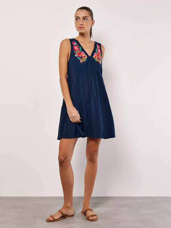 Embroidered Blooms Swing Mini Dress, Navy, large