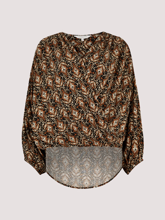 Ikat Tile Print Wrap Top, Rust, large