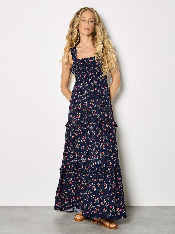 Ditsy Floral Smocked Maxi Dress, Navy, large