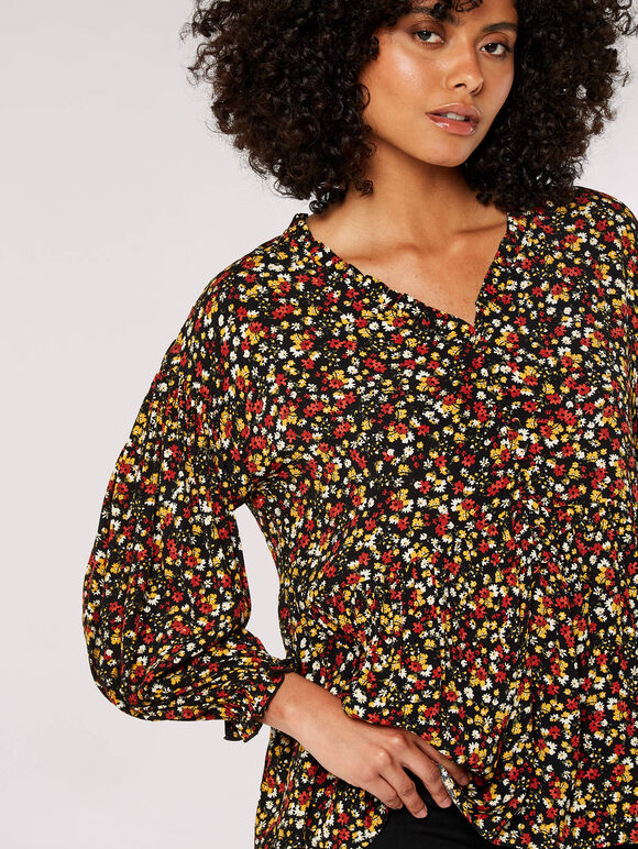 Oversized Ditsy Floral Top, Black, large