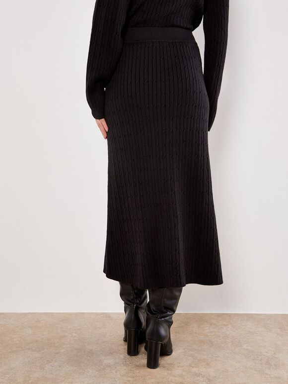 Fine Knit Cable Midi Skirt, Black, large