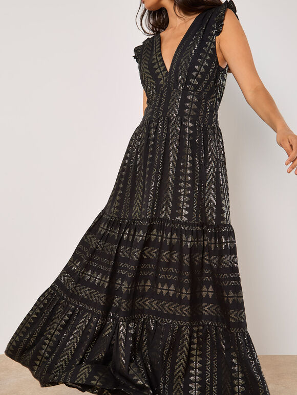 Metallic Embroidered Maxi Dress, Black, large