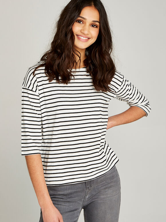 Nautical Stripe Slub Boxy Top, Black, large