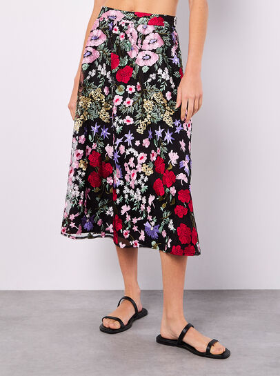 Embroidered Floral Mesh Midi Skirt