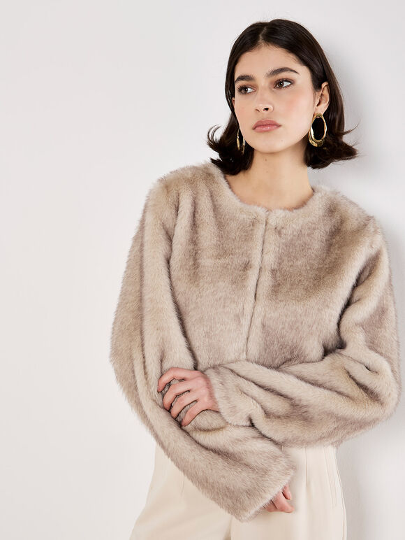 Luxe Faux Fur Cropped Jacket, Grey, large