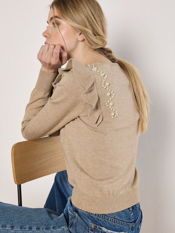 Pearl Embellished Ruffle Jumper, Stone, large