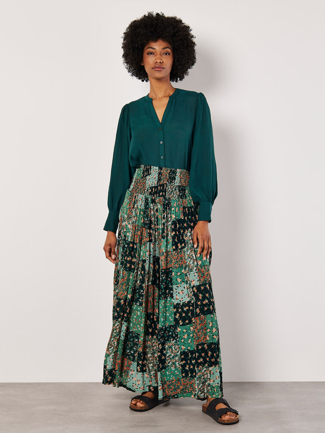 Image of Floral Patchwork Crinkle Wide-Leg Trousers