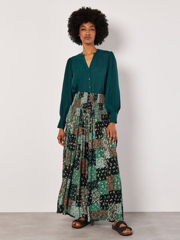 Floral Patchwork Crinkle Wide-Leg Trousers, Green, large