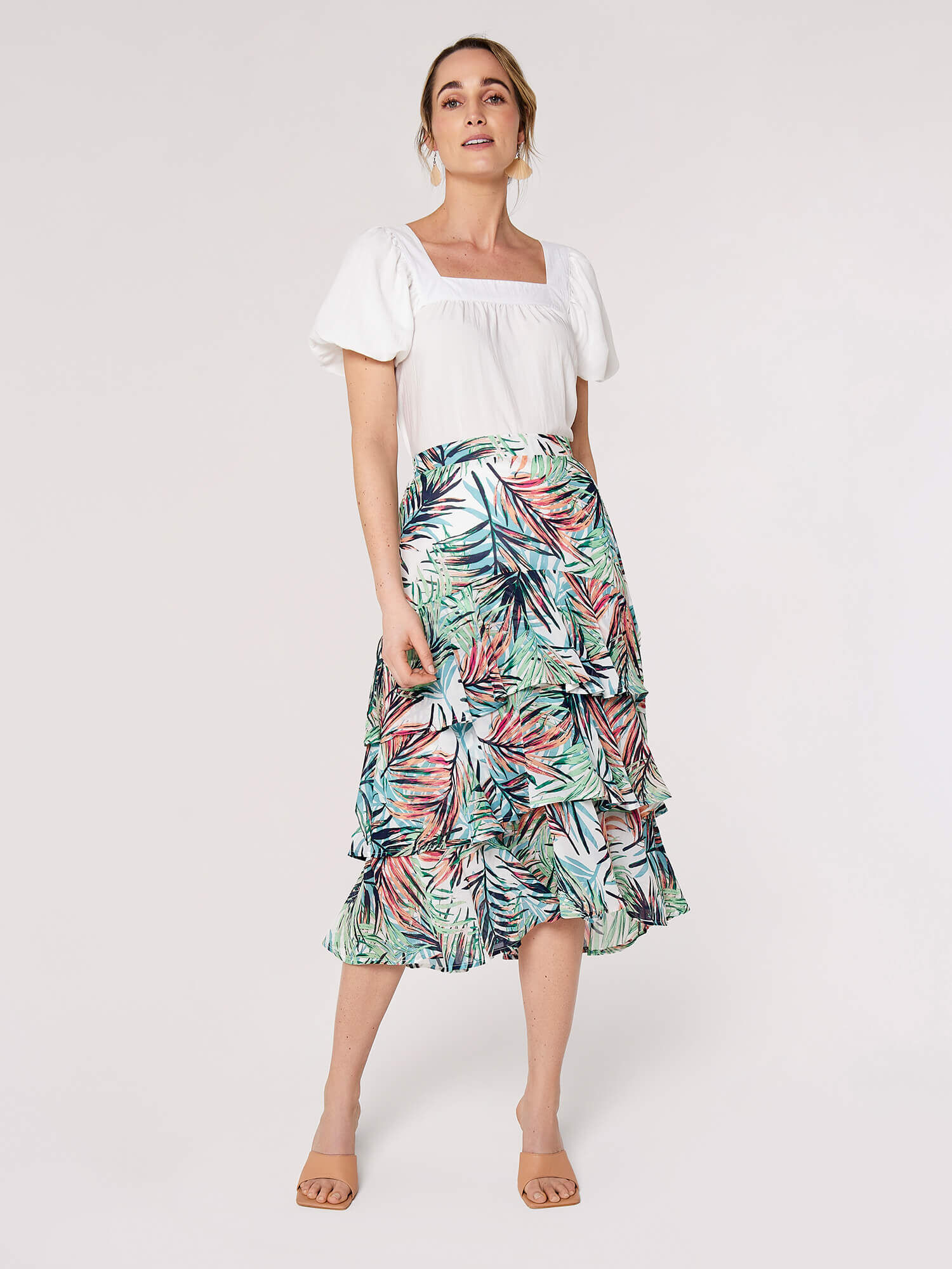 Painterly Tropical Midi Skirt Apricot Clothing