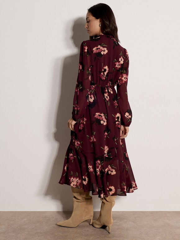 Floral Print Chiffon Midi Dress, Plum, large