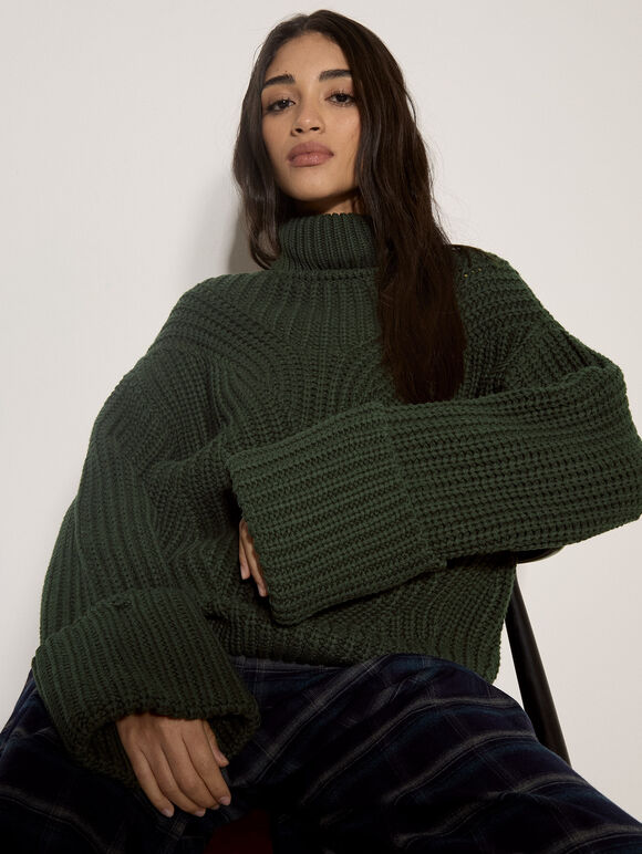 Chunky Knit Roll Neck Jumper, Green, large