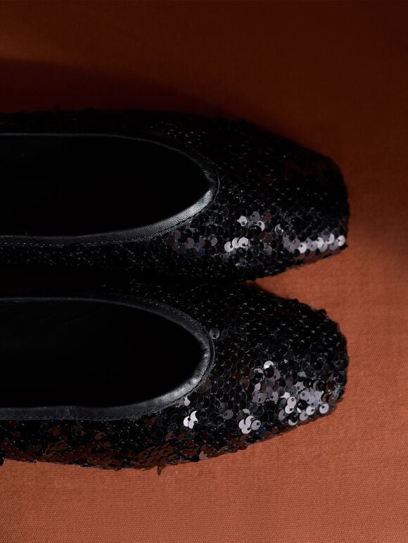 Sequin Embellished Ballerina Shoes, Black, large
