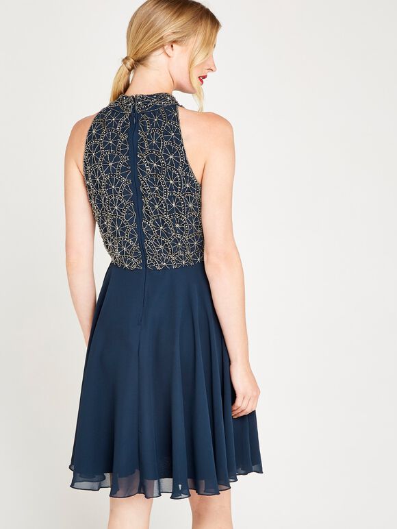 Beaded Halter Neck Swing Dress, Navy, large