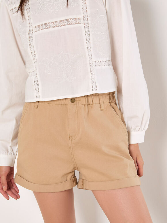 Ruched Denim Rolled Hem Shorts, Stone, large
