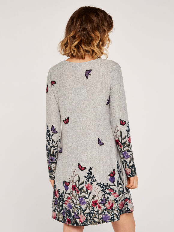 Butterfly Floral Knit Swing Mini Dress, Grey, large