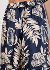Tropical Leaf Print Satin Wide Leg Trousers, Navy, large