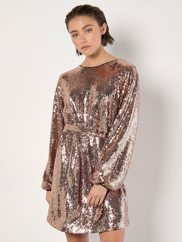 Sequin Shift Mini Dress, Brown, large