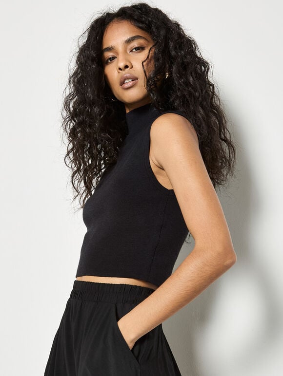 High Neck Knitted Crop Top, Black, large