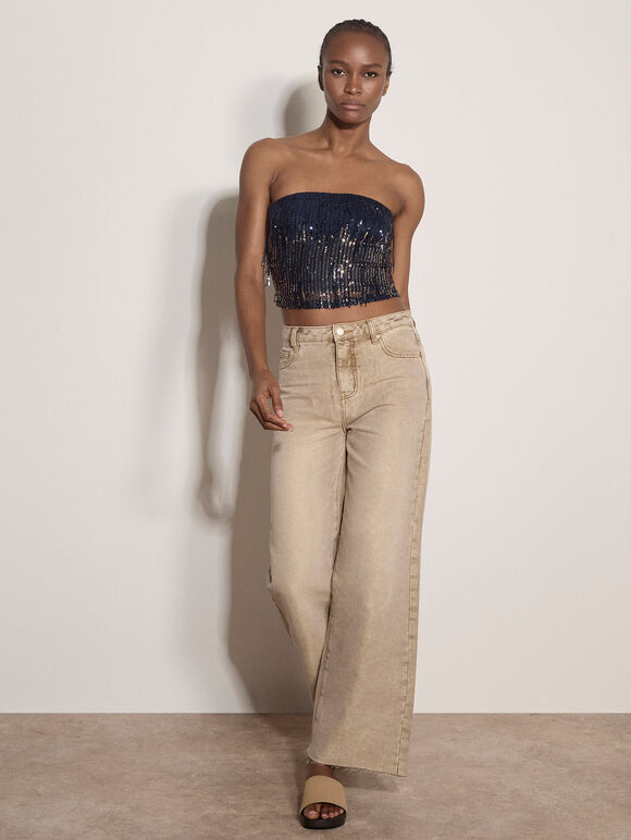 Fringe Sequin Bandeau Crop Top, Navy, large