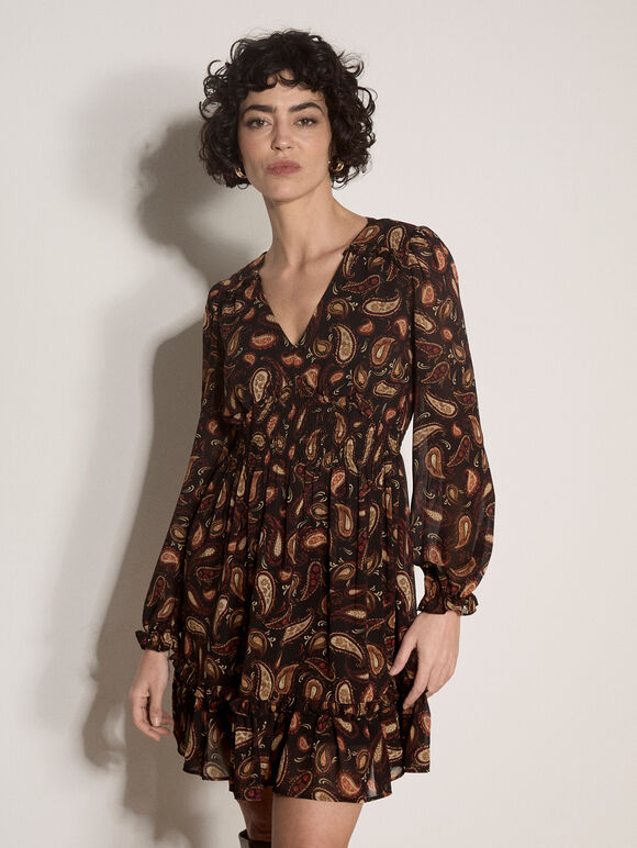 Chiffon Ruffle Paisley Mini Dress, Black, large
