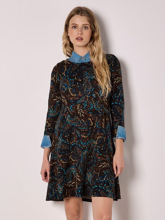 Jersey Knit Paisley Mini Dress, Navy, large