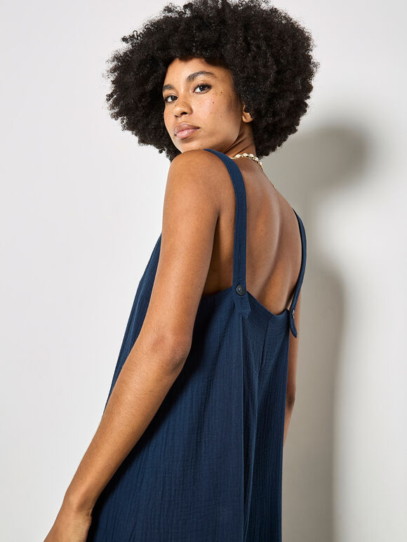 Wide-Leg Textured Cotton Jumpsuit, Navy, large