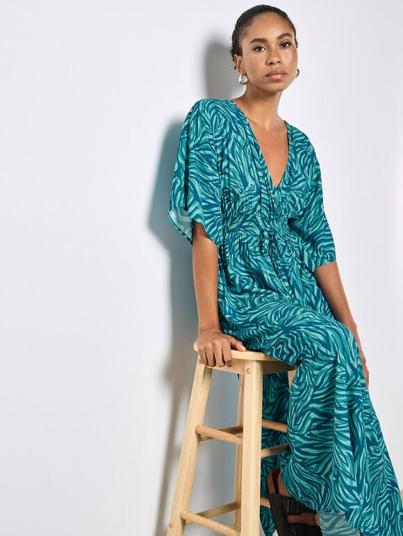 Zebra Print Kimono Midi Dress, Teal, large