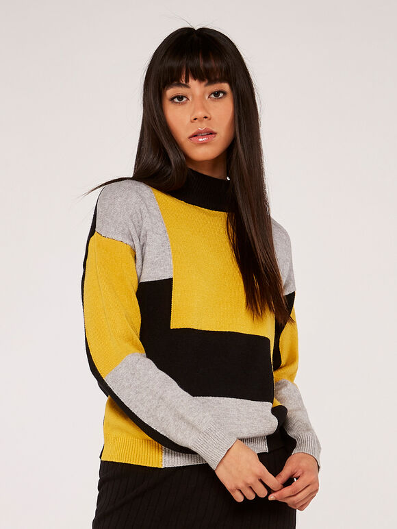 Colour Block Mock Neck Jumper, Mustard, large