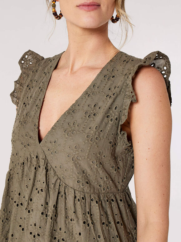 V-Neck Anglaise Mini Dress, Khaki, large