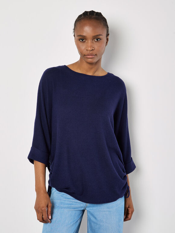 Soft Touch Drawstring Batwing Top, Navy, large