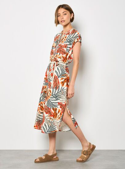 Tropical Leaf Linen Blend Shirt Midi Dress