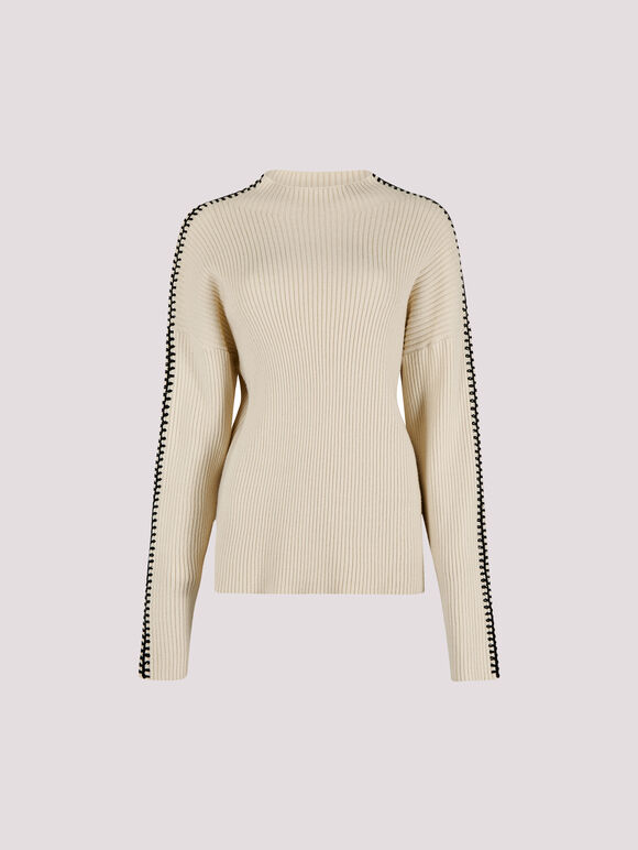 Blanket Stitch Ribbed Jumper, Stone, large