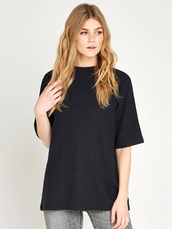 Entwined Lines Rib Mock Neck Top, Navy, large