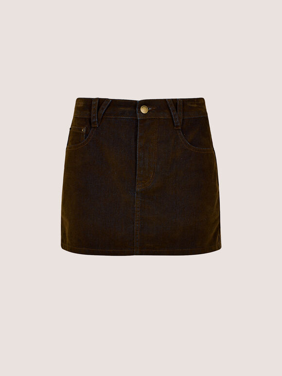 Velvet Denim Mini Skort, Brown, large