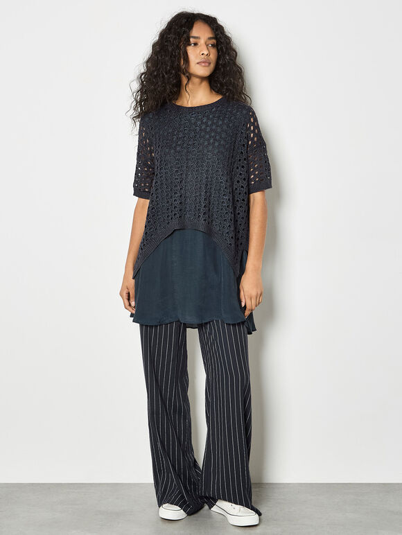 Shimmer Mesh Layered Tunic Top, Navy, large
