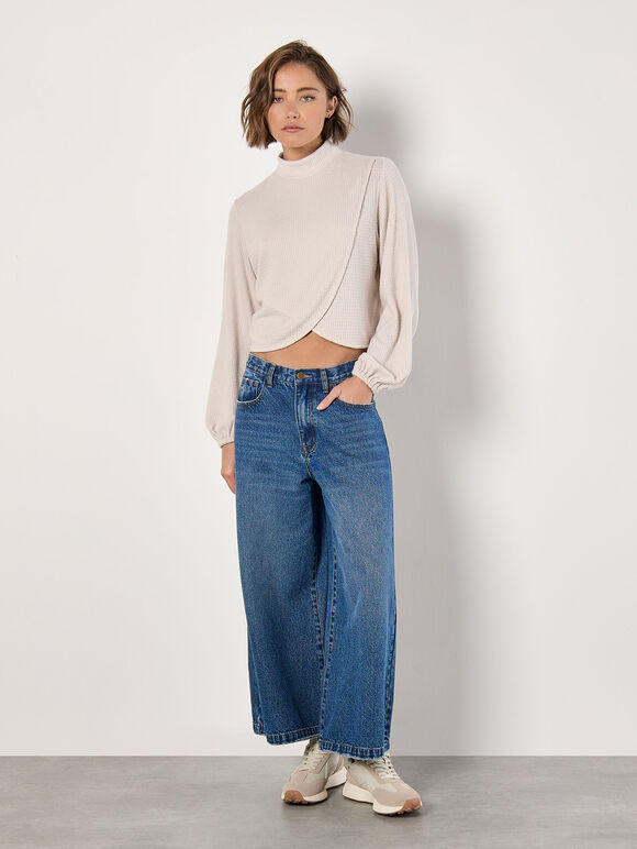 Waffle Knit Wrap Top, Stone, large
