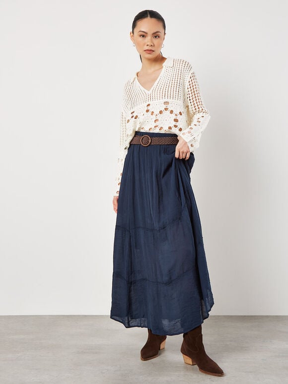 Slub Shimmer Maxi Skirt, Navy, large