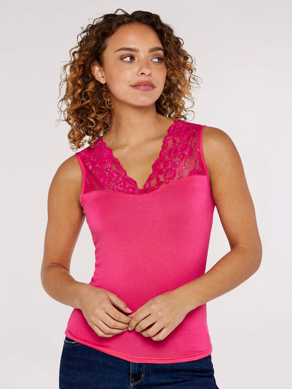 Lace Neck Cami Top, Fuchsia, large