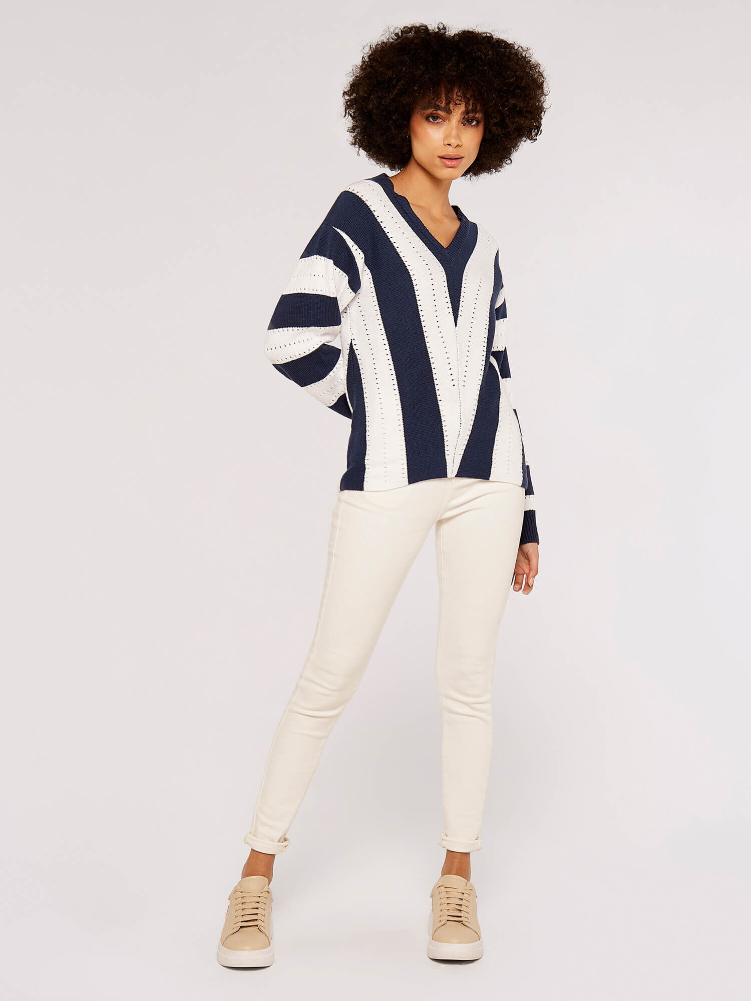 Chevron Pointelle Tunic Jumper Apricot Clothing