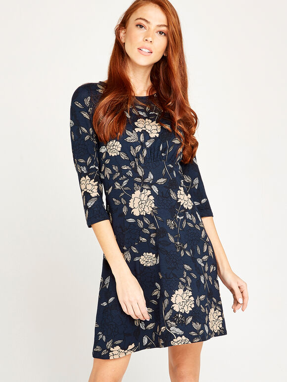Etched Floral Print Jersey Dress, Navy, large