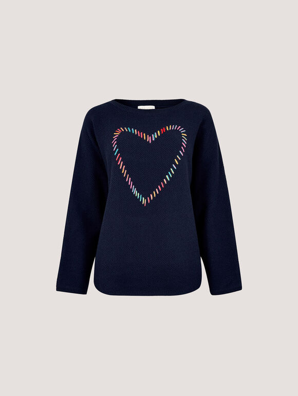 Colourful Stitched Heart Jumper, Navy, large