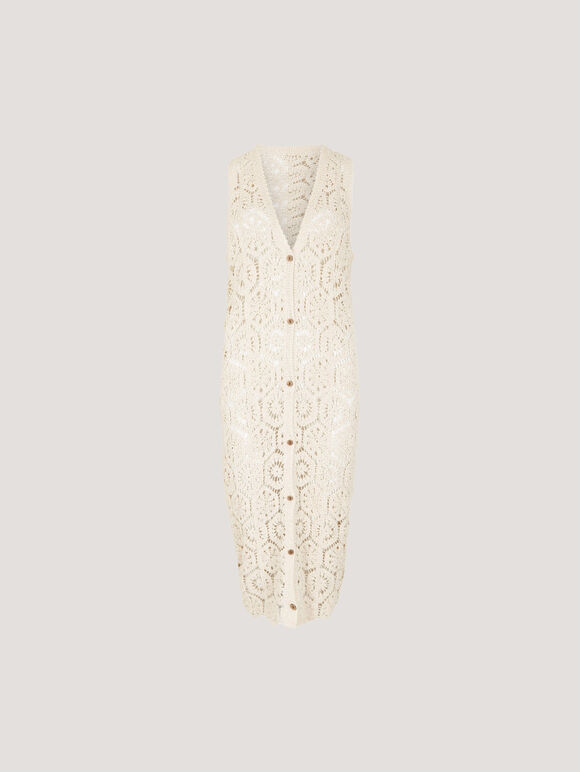 Crochet Longline Sleeveless Cardigan, Stone, large