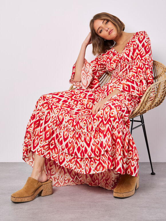 Ikat Swirls Maxi Dress, Red, large