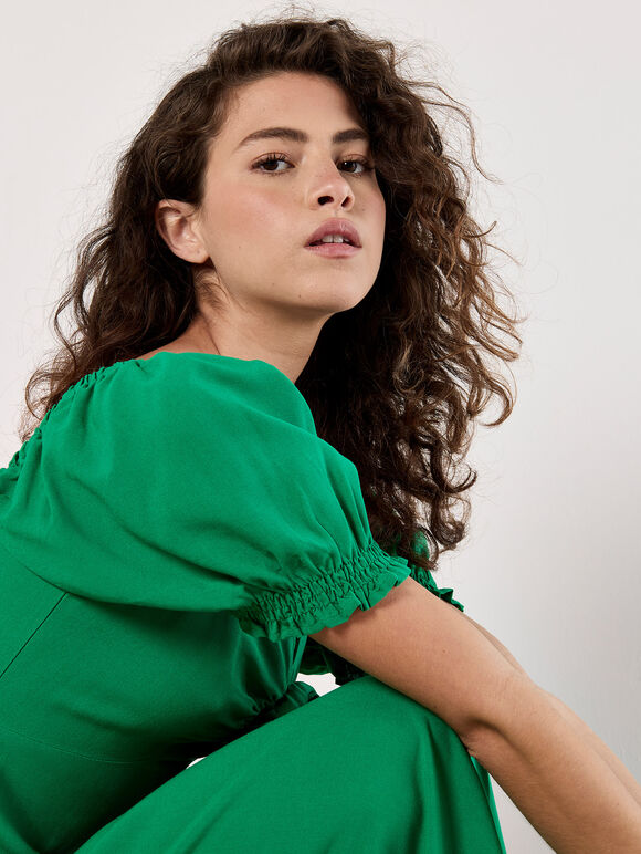 Tie Detail Milkmaid Midaxi Dress, Green, large