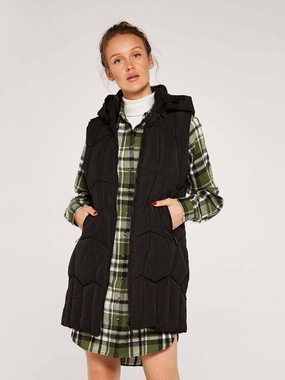 Hooded Zip Puffer Gilet, Black, large
